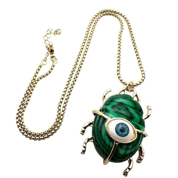 Evil Eye Necklace Green Malachite Gemstone Scarab Beetle Pendant Gold Plated - Picture 2 of 4